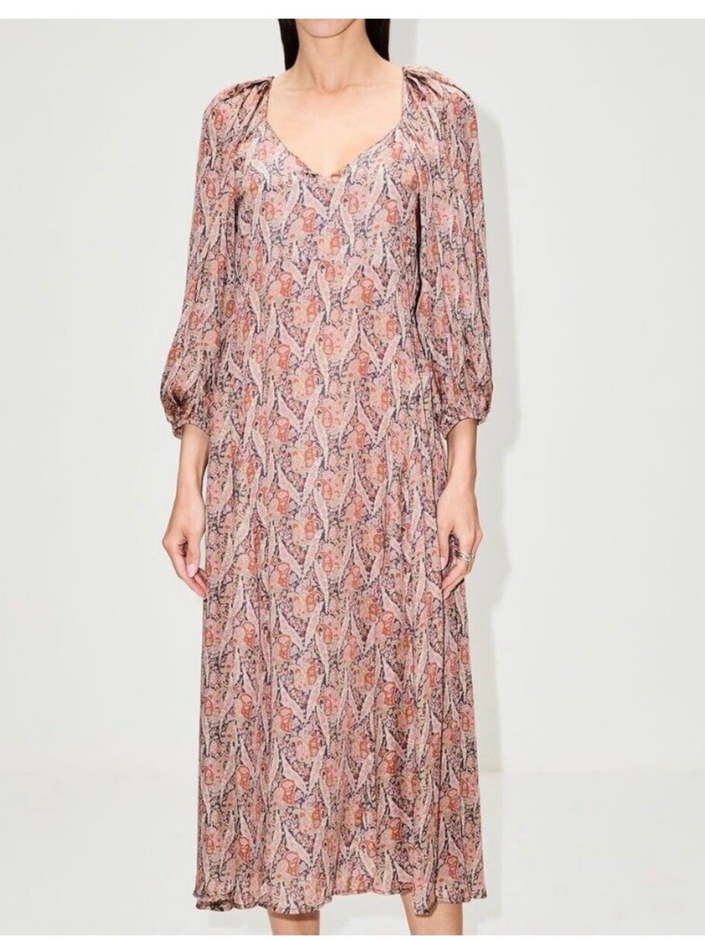 THE GREAT. The Fountain Pink Paisley V-Neck Midi Dress‎ with Puff Sleeves Size 0